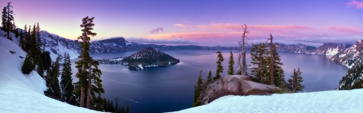 water, Landscapes, Snow, Trees, Oregon, Panorama, Snow, Landscapes, Crater, Lake, Emerald, Bay HD Wallpaper Desktop Background