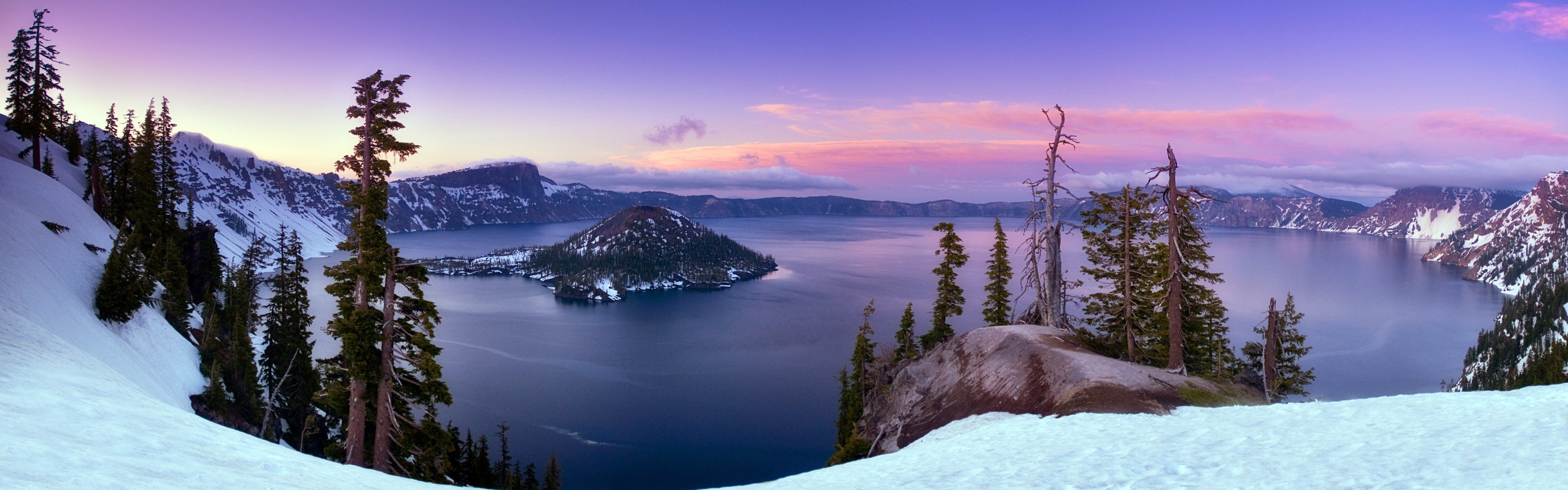 water, Landscapes, Snow, Trees, Oregon, Panorama, Snow, Landscapes, Crater, Lake, Emerald, Bay Wallpaper