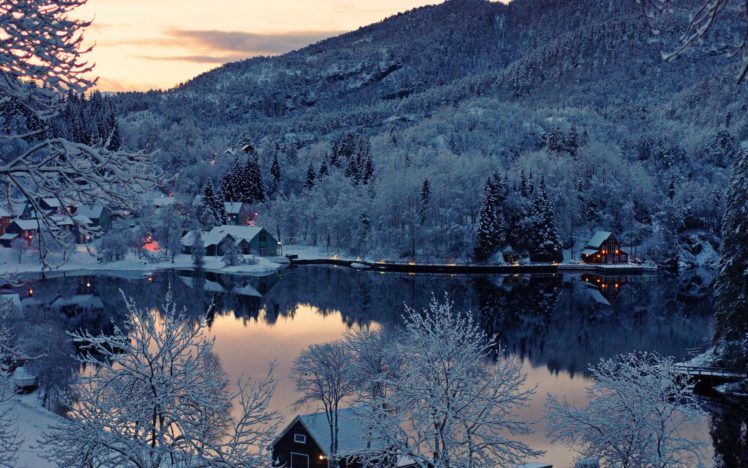 norway, Nature, Landscapes, Lakes, Water, Reflection, Hills, Mountains, Trees, Forest, Sunset, Sunrise, Scenic, Winter, Snow, Seasons, Architecture, Buildings, Houses, Resort, Lights HD Wallpaper Desktop Background