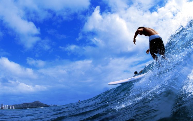 surfing, Extreme, People, Men, Males, Surfboard, Water, Drops, Spray, Sparkle, Waves, Foam, Ocean, Seasky, Clouds, Sunlight HD Wallpaper Desktop Background