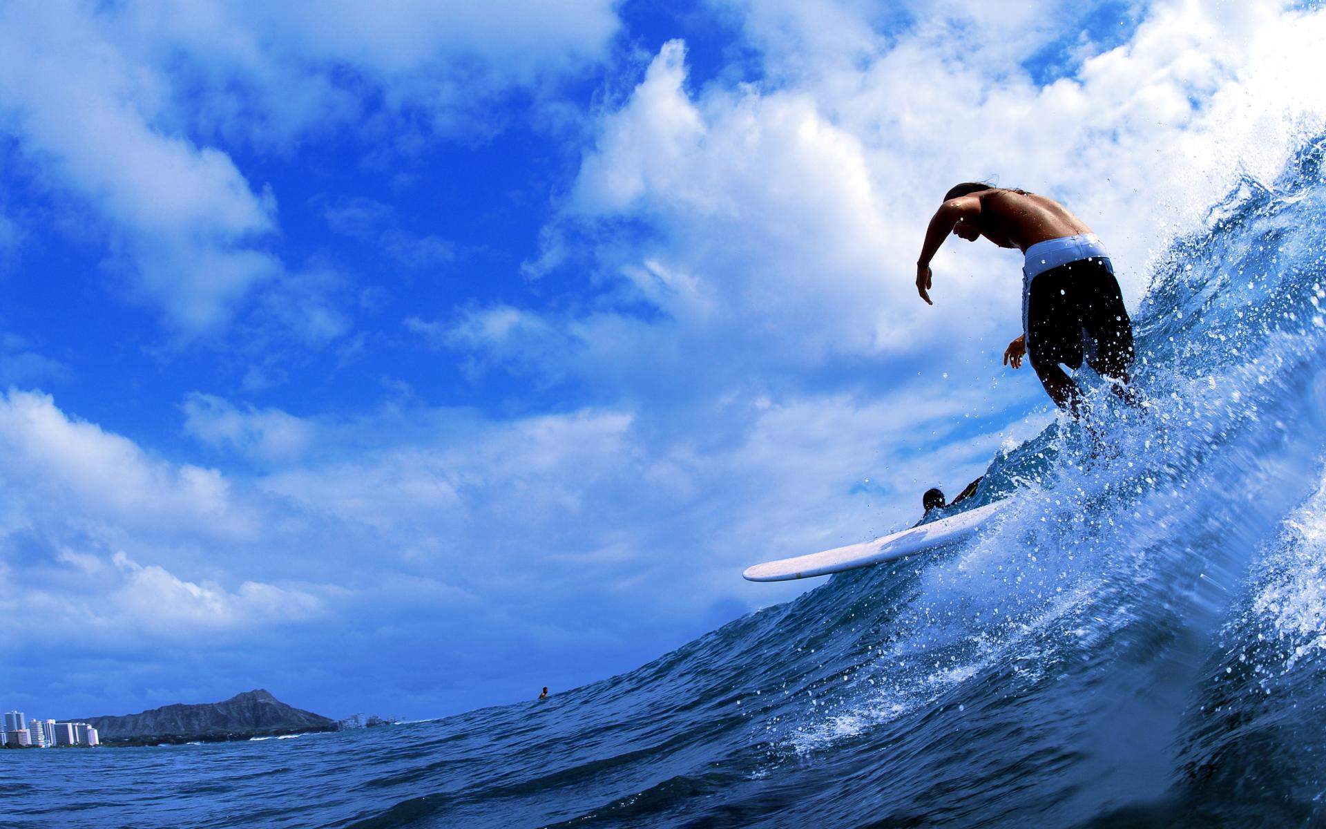 surfing, Extreme, People, Men, Males, Surfboard, Water, Drops, Spray, Sparkle, Waves, Foam, Ocean, Seasky, Clouds, Sunlight Wallpaper