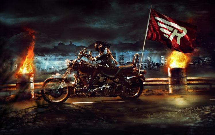 vehicles, Motorcycles, Motorbikes, Bikes, Cg, Digital, Art, Manipulation, Dark, Fire, Flames, Cities, Architecture, Skyline, Cityscape, Scapes, Roads, Flags, Symbols, Sky, Clouds, Moonlight, Light, Motion, Chase, HD Wallpaper Desktop Background