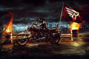 vehicles, Motorcycles, Motorbikes, Bikes, Cg, Digital, Art, Manipulation, Dark, Fire, Flames, Cities, Architecture, Skyline, Cityscape, Scapes, Roads, Flags, Symbols, Sky, Clouds, Moonlight, Light, Motion, Chase,