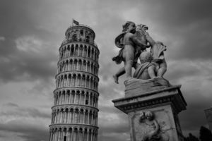 leaning, Tower, Of, Pisa, Italy, Monument, Statue, Black, White, Tower, Architecture, Buildings, Artistic, Angels, Babies, Children, Sky, Clouds, Tourist, History