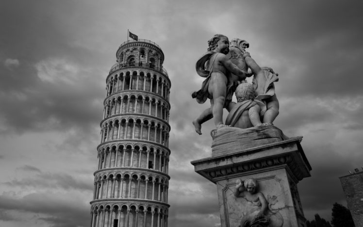 leaning, Tower, Of, Pisa, Italy, Monument, Statue, Black, White, Tower, Architecture, Buildings, Artistic, Angels, Babies, Children, Sky, Clouds, Tourist, History HD Wallpaper Desktop Background