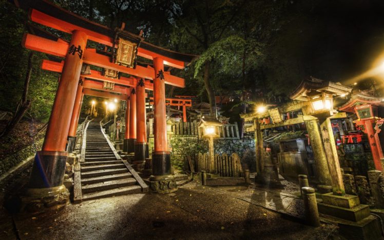 japan, Night, Stairways, Shrine, Kyoto, Torii, Cemetery, Torii, Gate HD Wallpaper Desktop Background