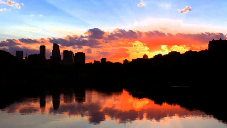 water, Sunset, Clouds, Silhouettes, Reflections, Cities, Skies, Minneapolis HD Wallpaper Desktop Background