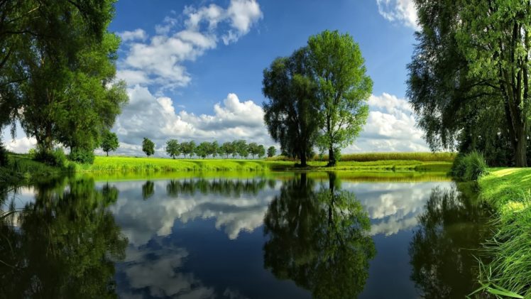 nature, Landscapes, Lakes, Water, Reflection, Pond, Shore, Grass, Filds, Trees, Spring, Seasons, Sky, Clouds, Sunlight, Green, Color, Contrast HD Wallpaper Desktop Background