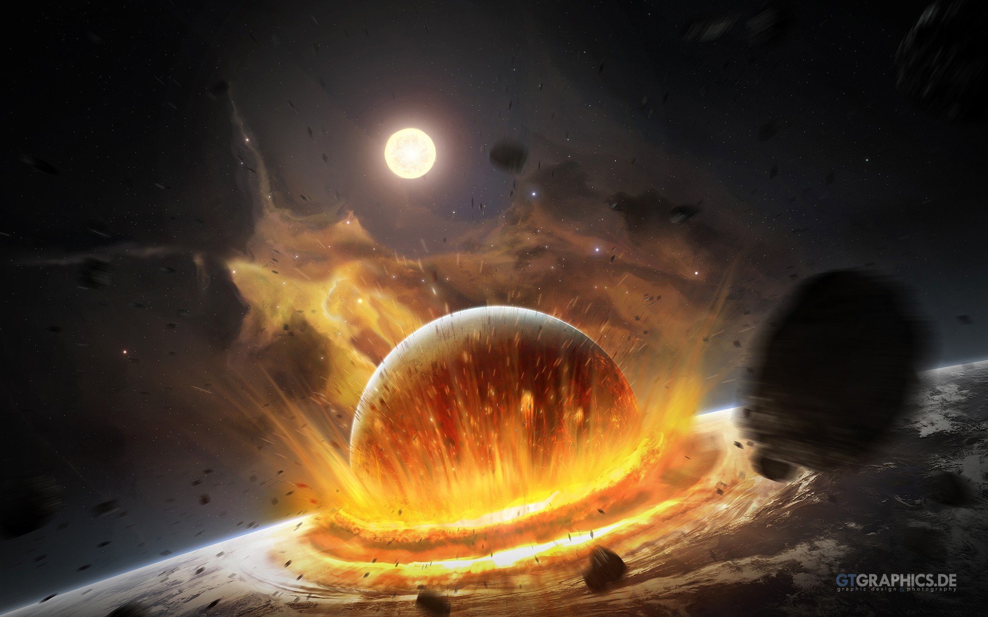 outer, Space, Explosions, Fire, Impact, Meteors Wallpaper