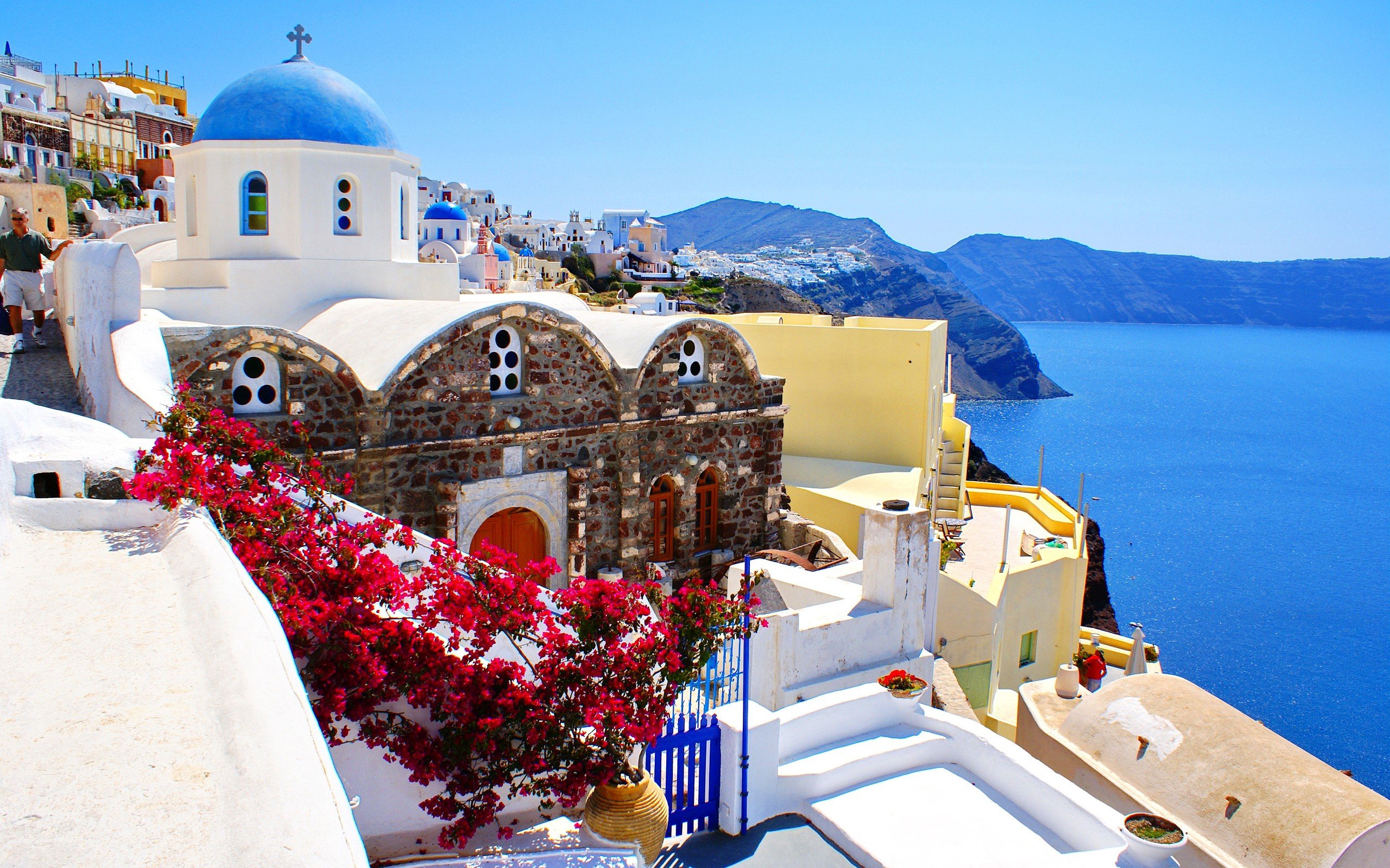 mountains, Coast, Cityscapes, Buildings, Greece, Bougainvillea Wallpaper