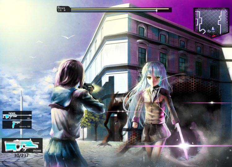 video, Games, Clouds, Touhou, Guns, Angel, Beats , Long, Hair, Weapons, Purple, Hair, Yellow, Eyes, Beretta, Seifuku, Anime, M95, White, Hair, Hair, Ribbons, Aqua, Hair, Anime, Girls, Black, Hair, Beretta, 93r, HD Wallpaper Desktop Background