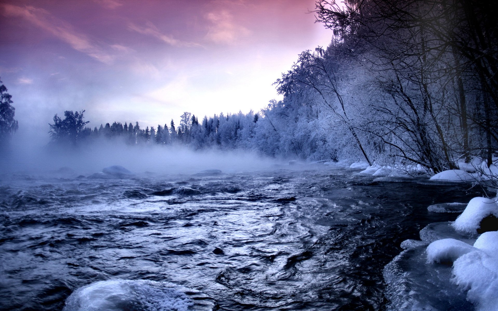 clouds, Winter, Snow, Forests, Fog, Scenic, Rivers Wallpaper