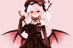 video, Games, Touhou, Wings, Dress, Vampires, Red, Eyes, Short, Hair, Bows, Necklaces, Bracelets, Umbrellas, White, Hair, Choker, Hats, Remilia, Scarlet, Simple, Background, Anime, Girls, Brown, Dress, Detached,