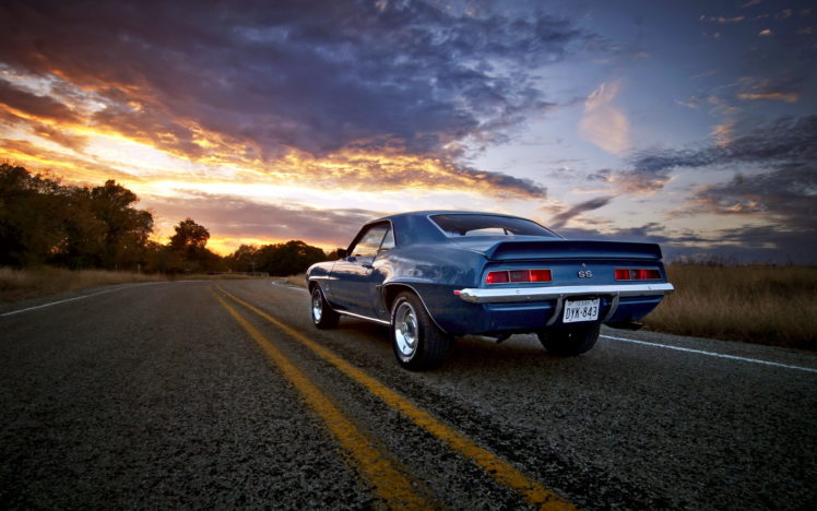 1969, Chevy, Camaro, Ss, Vehicles, Auto, Chevrolet, Retro, Classic, Muscle, Wheels, Roads, Sunset, Sunrise, Sky, Clouds, Trees, Chrome, Stripes HD Wallpaper Desktop Background