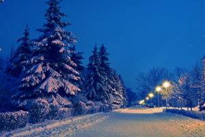 nature, Landscapes, Roads, Path, Park, Garden, Lamp, Posts, Trees, Night, Lights, Winter, Snow, Seasons, Cold