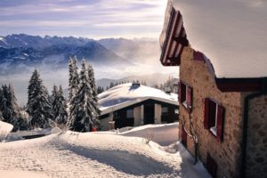 nature, Landscapes, Mountains, Winter, Snow, Seasons, Sky, Clouds, Cold, Trees, Sunlight, Fog, Mist, Haze, Scenic, Architecture, Buildings, Stone, Rock, Houses, Roof