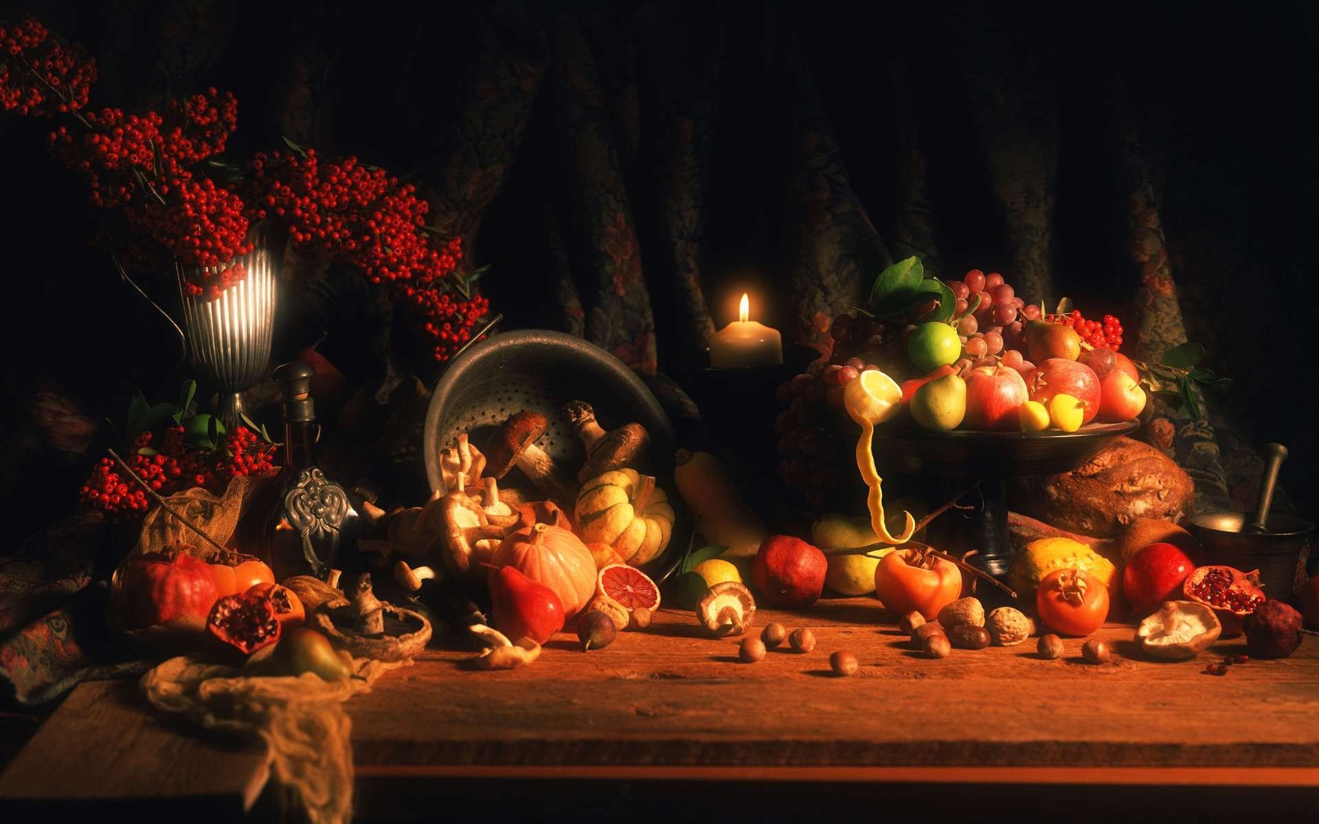 food, Oranges, Grapes, Candles, Apples, Pumpkins, Still, Life Wallpaper