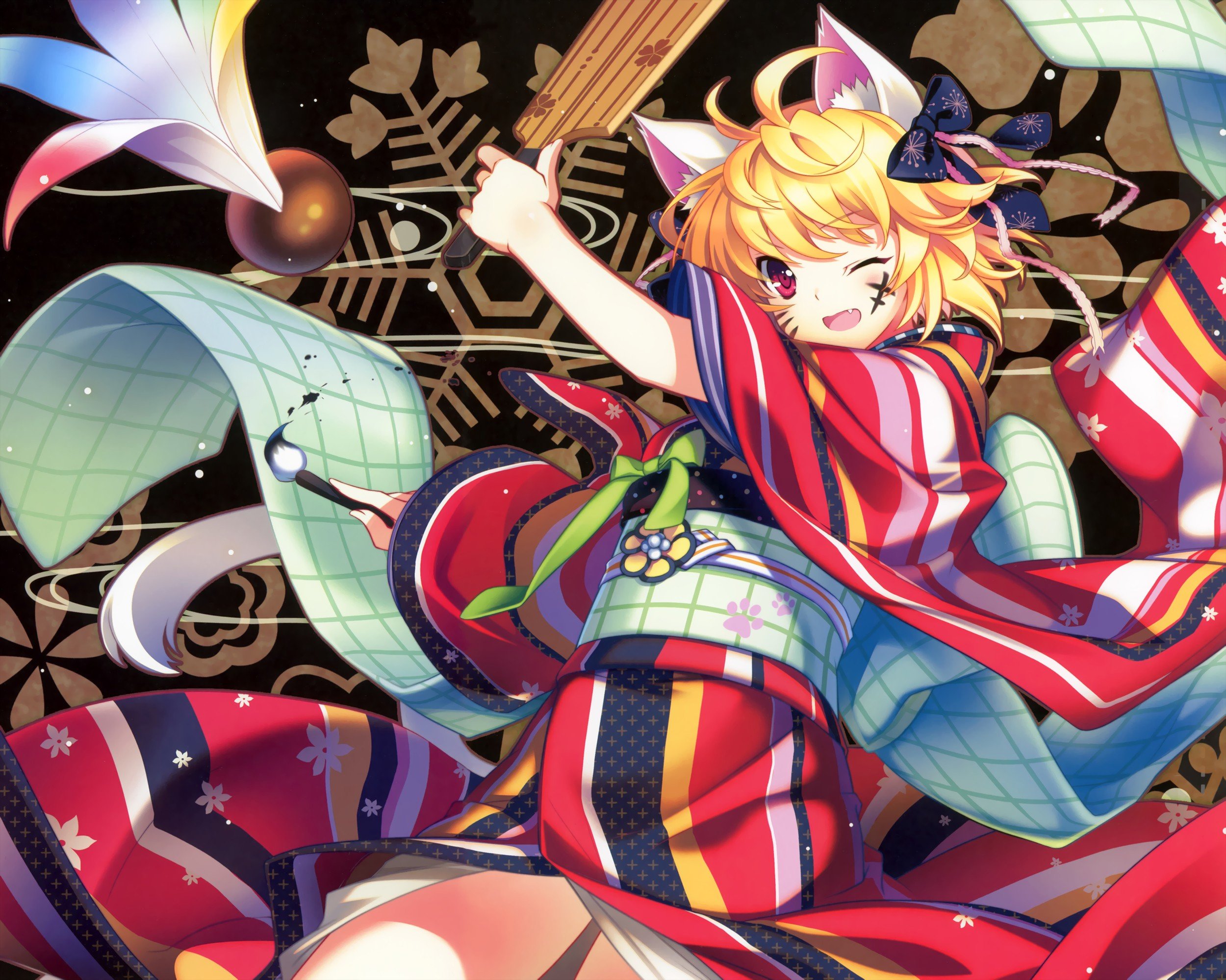 blondes, Ribbons, Kimono, Animal, Ears, Short, Hair, Cat, Ears, Open, Mouth, Hair, Ribbons, Wink, Pink, Eyes, Japanese, Clothes, Anime, Girls, Paint, Brushes, Hair, Ornaments Wallpaper