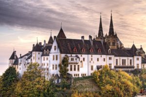 neuchatel, Castle, Switzerland, Architecture, Buildings, Castle, Sky, Clouds, Hills, Mountains, Trees, Landscapes, Tower, Spire, Autumn, Fall, Seasons, Window, Leaves, Scenic, Roofsunlight