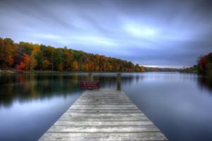 nature, Landscapes, Lakes, Water, Reflection, Dock, Pier, Shore, Hdr, Trees, Forests, Autumn, Fall, Seasons, Sky, Clouds, Signs, Leaves, Scenic