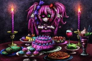 vocaloid, Hatsune, Miku, Dark, Horror, Macabre, Games, Food, Desert, Sweet, Cake, Candles, Fire, Flames, Evil, Color, Bright, Detail, Women, Female, Girl, Purple, Gown, Dress, Scary, Creepy, Spooky, Eyes