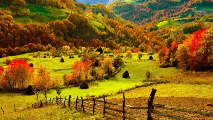nature, Landscapes, Fields, Hills, Fence, Grass, Farm, Trees, Forests, Autumn, Fall, Seasons, Leaves, Color, Scenic, View, Bright HD Wallpaper Desktop Background