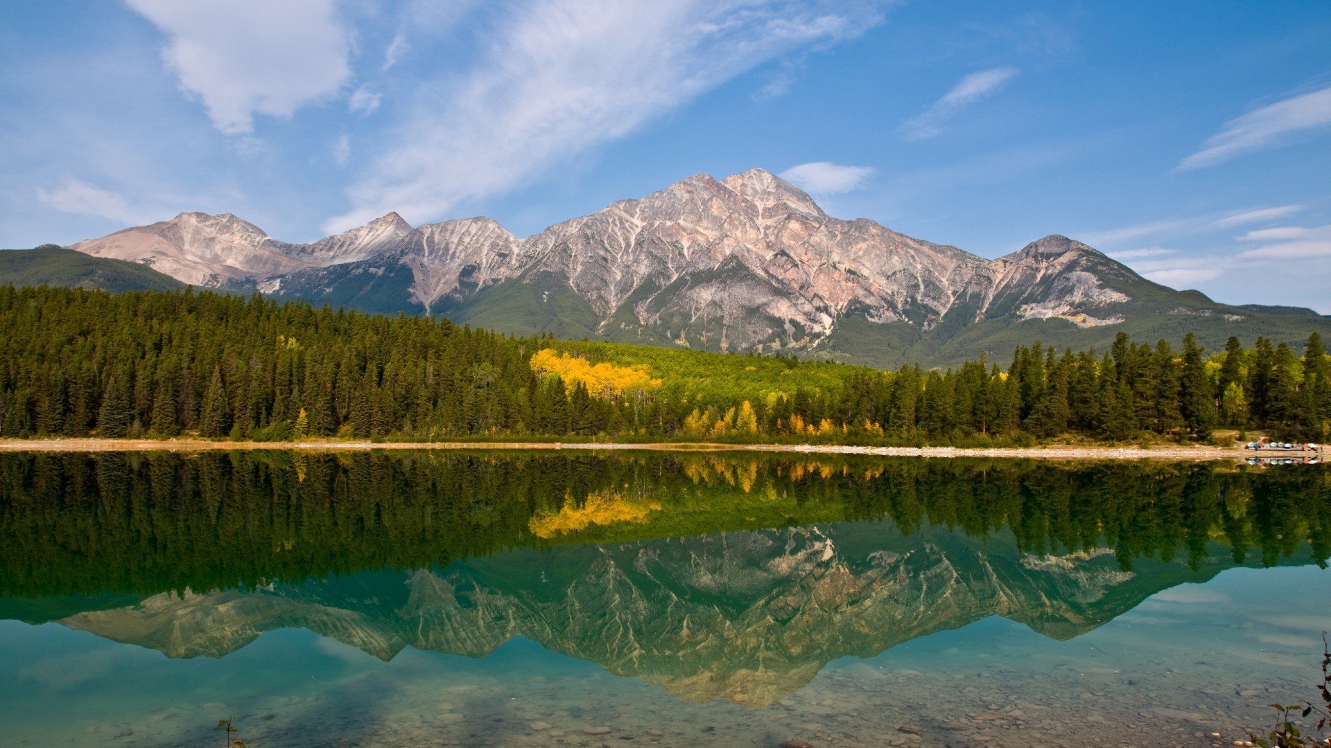mountains, Trees, Reflections, Widescreen Wallpaper