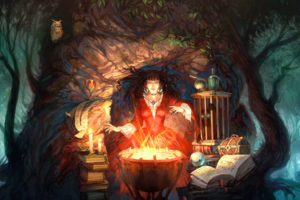 witch, Occult, Wiccan, Wicca, Cauldron, Fire, Flames, Magic, Book, Spell, Book, Trees, Forest, Cg, Digital, Art, Artistic, Forest, Detail, Dark, Halloween, Fantasy