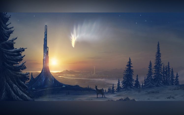 fantasy, Winter, Tower, Deer HD Wallpaper Desktop Background