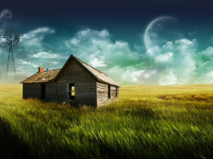 landscapes, Nature, Moon, Houses, Farmhouse, Digital, Art HD Wallpaper Desktop Background