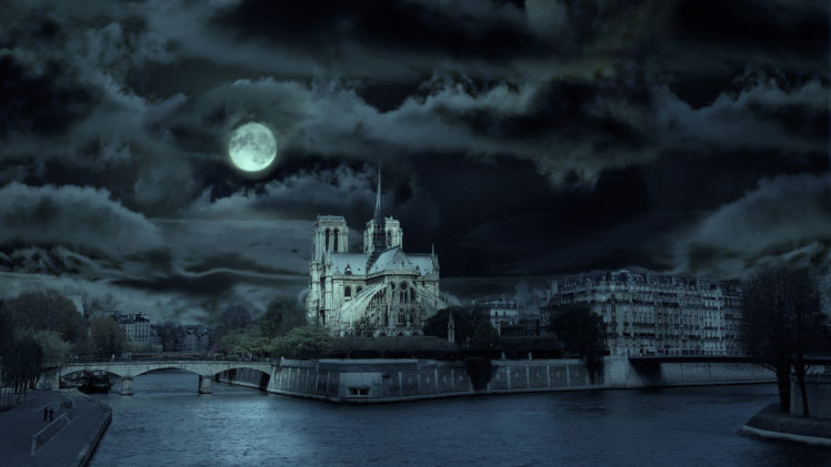 notre, Dame, De, Paris, France, World, Architecture, Buildings, Cathedral, Church, Canal, Waterway, Stream, Rivers, Night, Clouds, Sky, Moonlight, Moon, Trees, Scenic, Dark, Manipulation, Cg, Digital, Art HD Wallpaper Desktop Background