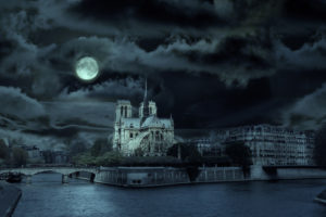 notre, Dame, De, Paris, France, World, Architecture, Buildings, Cathedral, Church, Canal, Waterway, Stream, Rivers, Night, Clouds, Sky, Moonlight, Moon, Trees, Scenic, Dark, Manipulation, Cg, Digital, Art