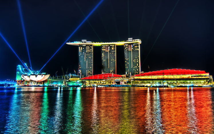 marina, Bay, Sands, Singapore, Resort, Hotel, Architecture, Buildings, Skyscrapers, Hdr, Color, Reflection, Water, Lights, Strobe, Beam HD Wallpaper Desktop Background