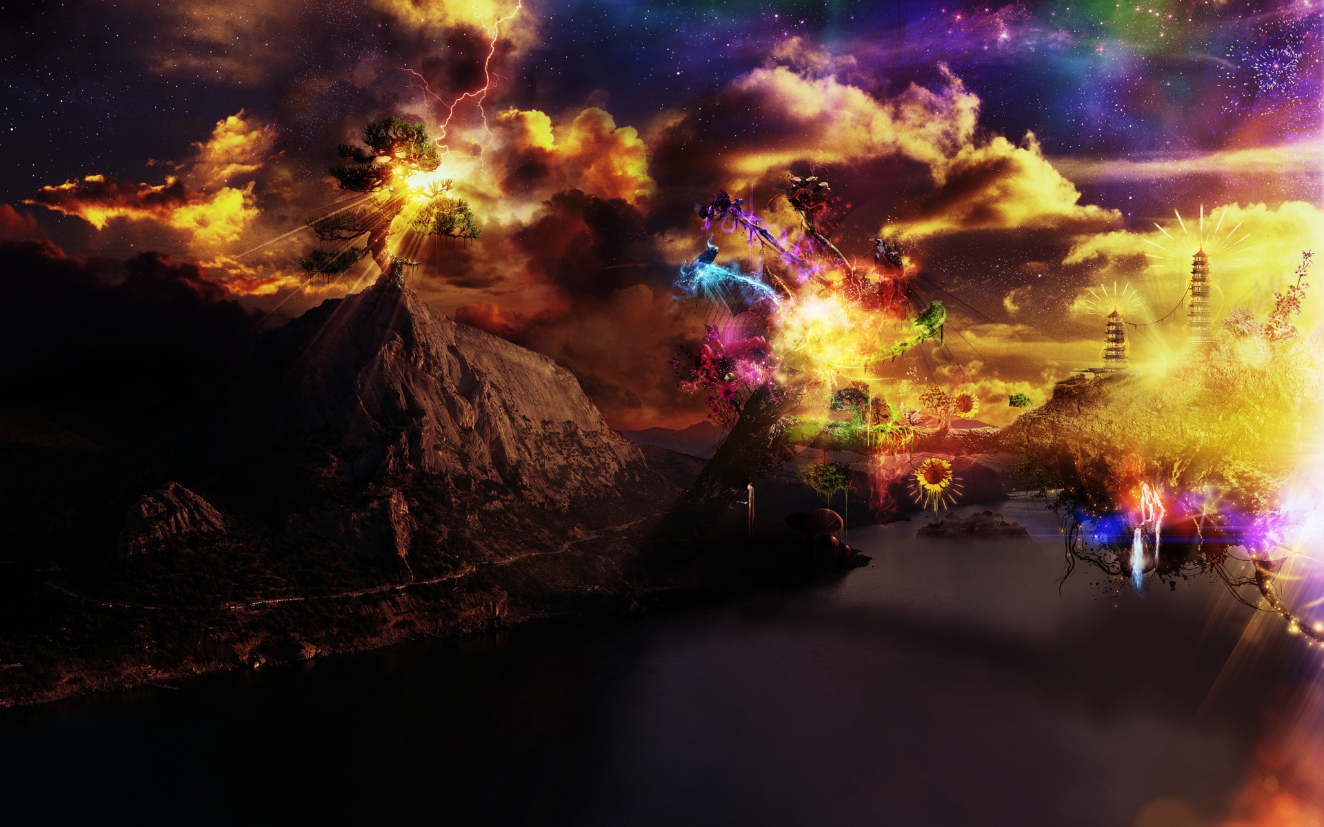 manipulation, Cg, Digital, Art, Artistic, Fantasy, Surreal, Landscapes, Mountains, Lakes, Water, Rivers, Bay, Reflection, Sci, Fi, Science, Fiction, Dream, Sky, Clouds, Color, Psychedelic, Space, Stars, Nebula, S Wallpaper