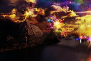 manipulation, Cg, Digital, Art, Artistic, Fantasy, Surreal, Landscapes, Mountains, Lakes, Water, Rivers, Bay, Reflection, Sci, Fi, Science, Fiction, Dream, Sky, Clouds, Color, Psychedelic, Space, Stars, Nebula, S