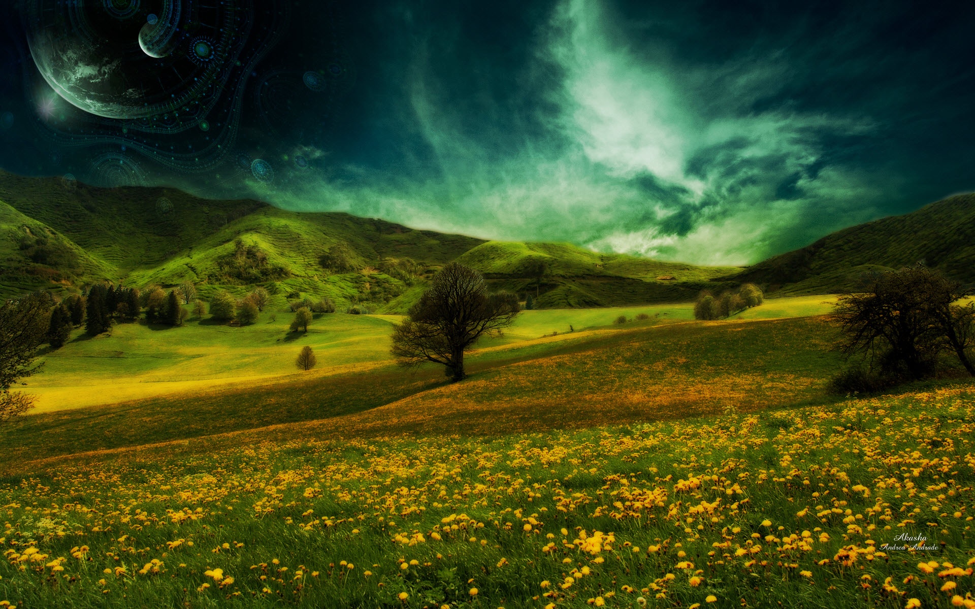 nature, Landscapes, Fields, Flowers, Hills, Plants, Trees, Sky, Clouds, Dream, Planets, Moon, Fantasy, Manipulation, Cg, Digital, Art, Photography Wallpaper