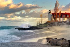 water, Clouds, Landscapes, Lighthouses, Beaches