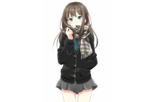 brunettes, School, Uniforms, Schoolgirls, Tie, Skirts, Long, Hair, Green, Eyes, Blush, Standing, Open, Mouth, Scarfs, Simple, Background, Cardigan, Idolmaster, White, Background, Striped, Clothing, Bangs, Shibuy