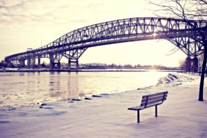 world, Architecture, Bridges, Steel, Structure, Metal, Sky, Clouds, Sunlight, Roads, Rivers, Ice, Water, Shore, Landscapes, Winter, Snow, Seasons, Scenic, Bench, Trees, Buildings