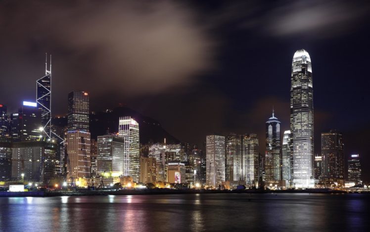 hong, Kong, World, Cities, Architecture, Buildings, Skyscrapers, Window, Glass, Steel, Metal, Skyline, Cityscape, Night, Lights, Sky, Clouds, Hdr, Rivers, Bay, Marina, Water, Reflections, Bridges, Scenic HD Wallpaper Desktop Background