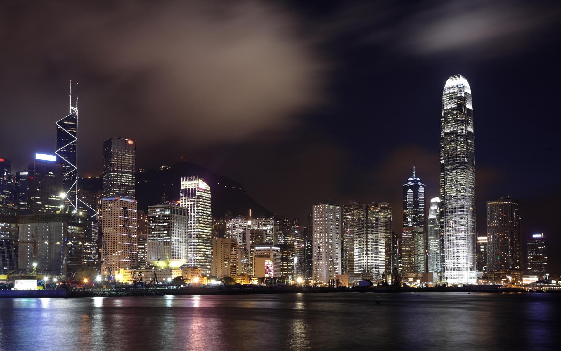 hong, Kong, World, Cities, Architecture, Buildings, Skyscrapers, Window, Glass, Steel, Metal, Skyline, Cityscape, Night, Lights, Sky, Clouds, Hdr, Rivers, Bay, Marina, Water, Reflections, Bridges, Scenic Wallpaper