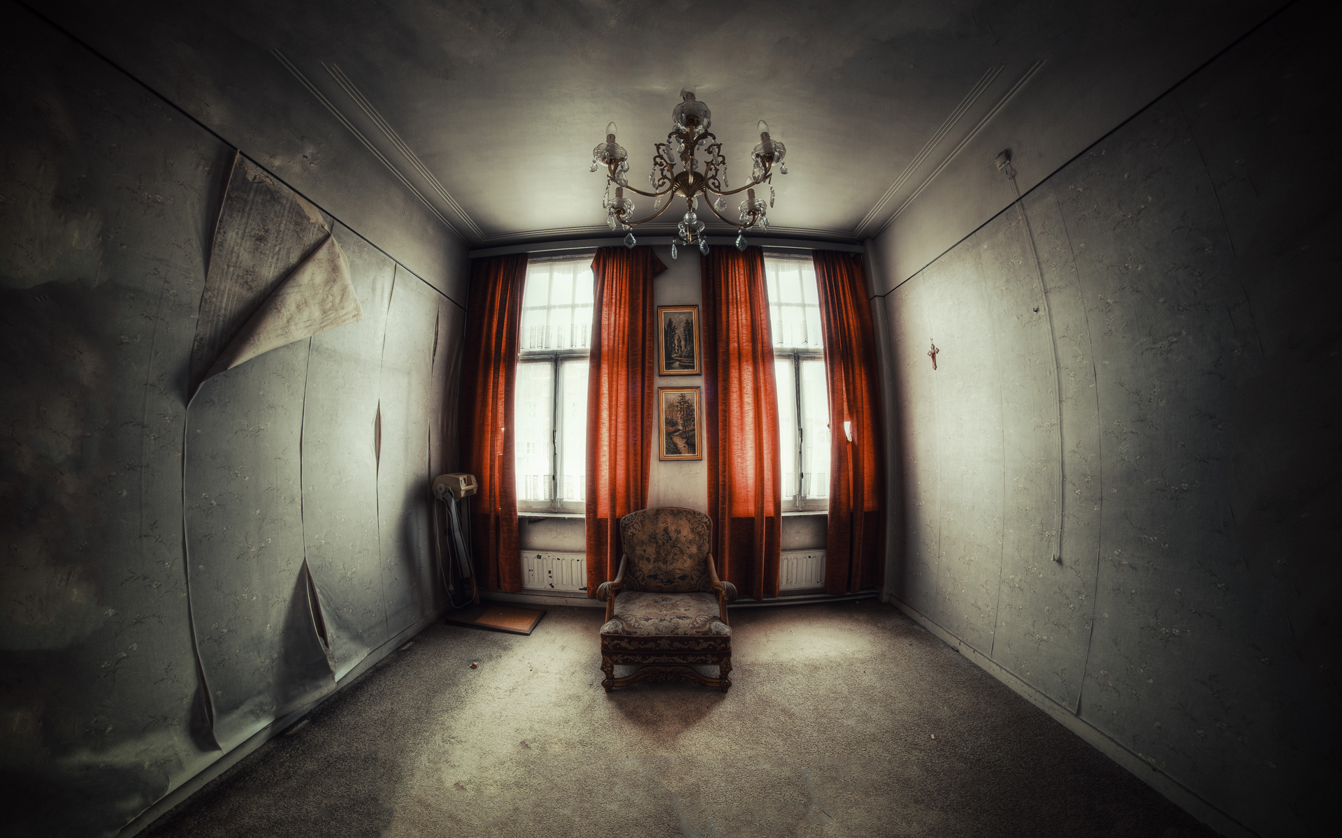 gothic, Drak, Horror, Scary, Spooky, Creepy, Furniture, Window, Drapes, Chair, Mood, Chandelier, Light, Sunlight, Urban, Decay, Ruin, Abandonment Wallpaper
