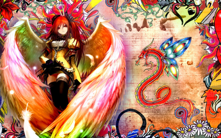 shakugan, No, Shana, Fantasy, Angels, Wings, Feathers, Color, Asian, Oriental, Dragons, Art, Artistic, Detail, Flowers, Bright, Women, Females, Girls HD Wallpaper Desktop Background