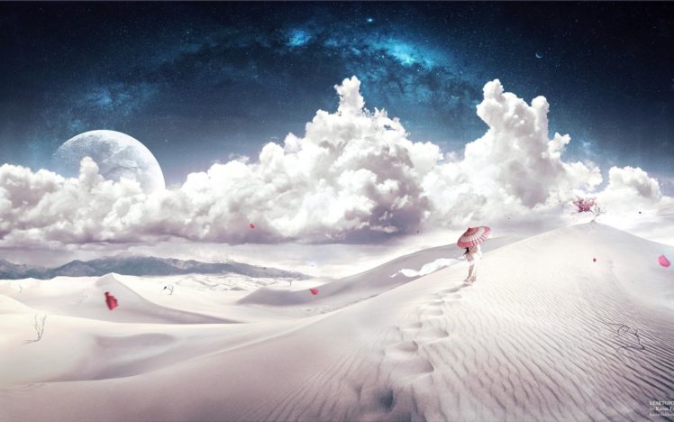 nature, Landscapes, Desert, Dunes, Sand, Dream, Sky, Clouds, Art, Artistic, Space, Stars, Moon, Petals, Women, Females, Girls, Asian, Oriental, Umbrella, Kimono HD Wallpaper Desktop Background