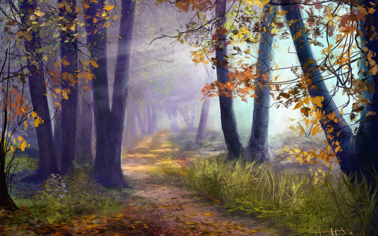 artistic, Art, Paintings, Path, Trail, Leaves, Nature, Landscapes, Trees, Forests, Autumn, Fall, Seasons, Sunlight, Sunbeam, Sun, Colors HD Wallpaper Desktop Background