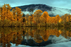 nature, Landscapes, Trees, Forest, Mountains, Clouds, Fog, Mist, Sky, Clouds, Gray, Autumn, Fall, Seasons, Lakes, Rivers, Pond, Reflection