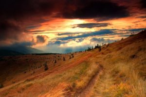 nature, Landscapes, Mountains, Hills, Grass, Hdr, Trees, Sky, Clouds, Sunset, Sunrise, Glow, Color, Scenic, Path, Track, Trail