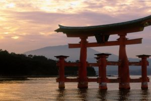 miyajima, Shrine, At, Sunset, Miyajima, Japan, Temple, Architecture, Lakes, Water, Reflection, Asian, Oriental, Shore, Trees, Forest, Mountain, Jungle, Zen