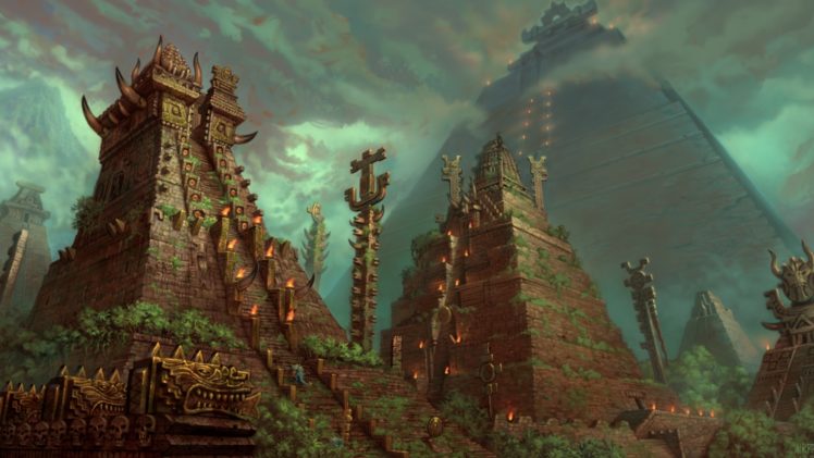 aztec, Landscapes, Fantasy, Art, Artistic, Architecture, Buildings, Stairs, Steps, Sky, Clouds, Storm, Fire, Flames, Ritual, Jungle, Trees, Forest, Smoke HD Wallpaper Desktop Background