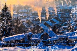 nature, Landscapes, Winter, Snow, Snowing, Flakes, Drops, Art, Artistic, Manipulation, Seasons, Trees, Architecture, Buildings, House, Smoke, Sunset, Sunrise, Cozy, Christmas